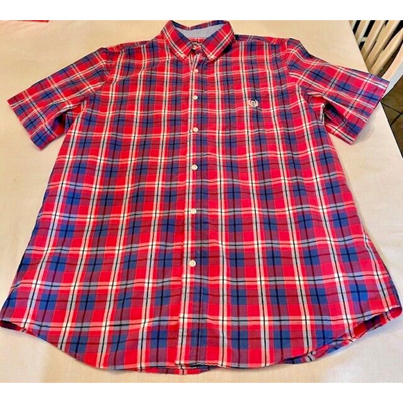 Chaps Men’s Easy Care Short Sleeve Shirt Size XL Red Blue Plaid Crest - Picture 1 of 8